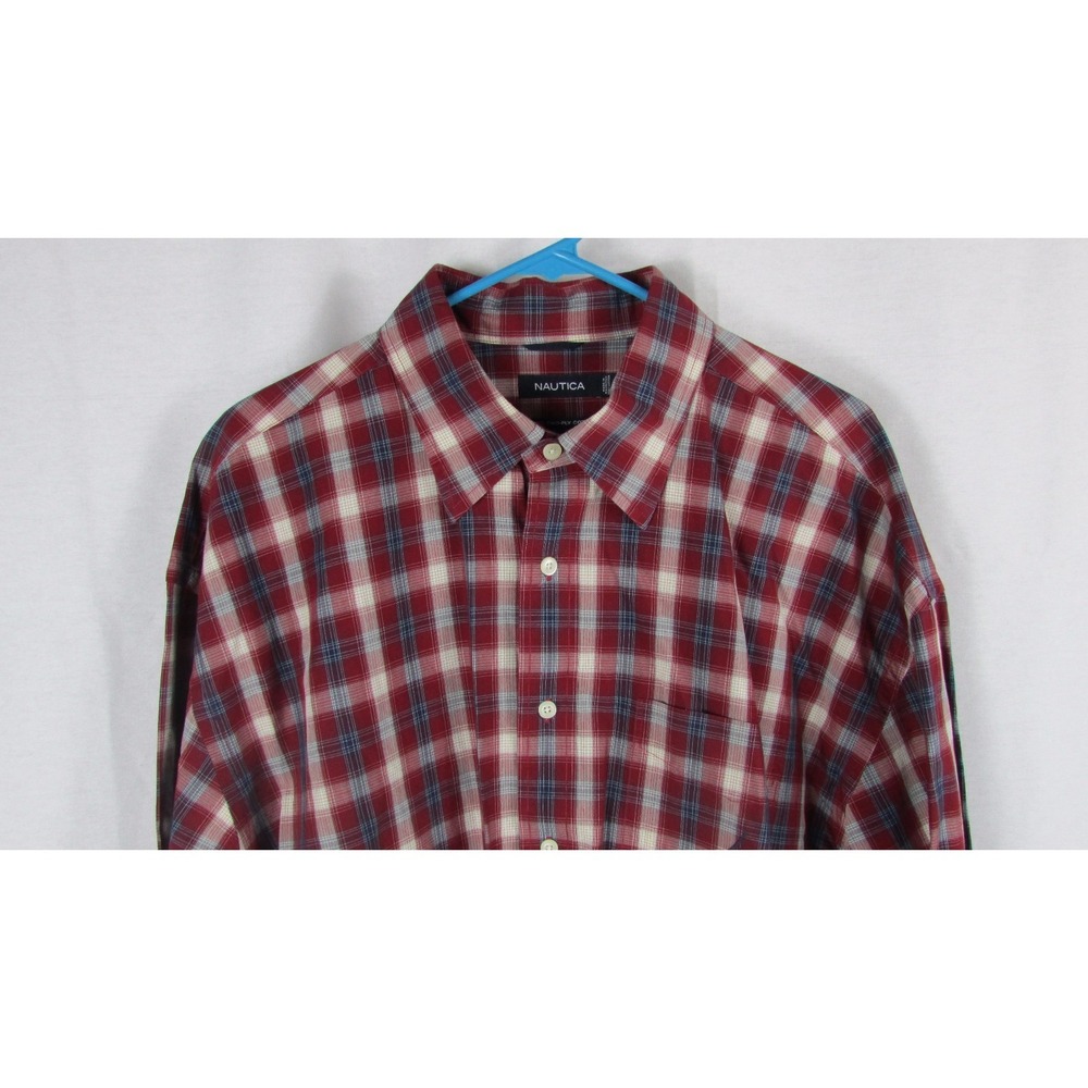 Nautica RED white blue plaid button shirt XXL Men's long sleeve 80s 2 ply cotton
